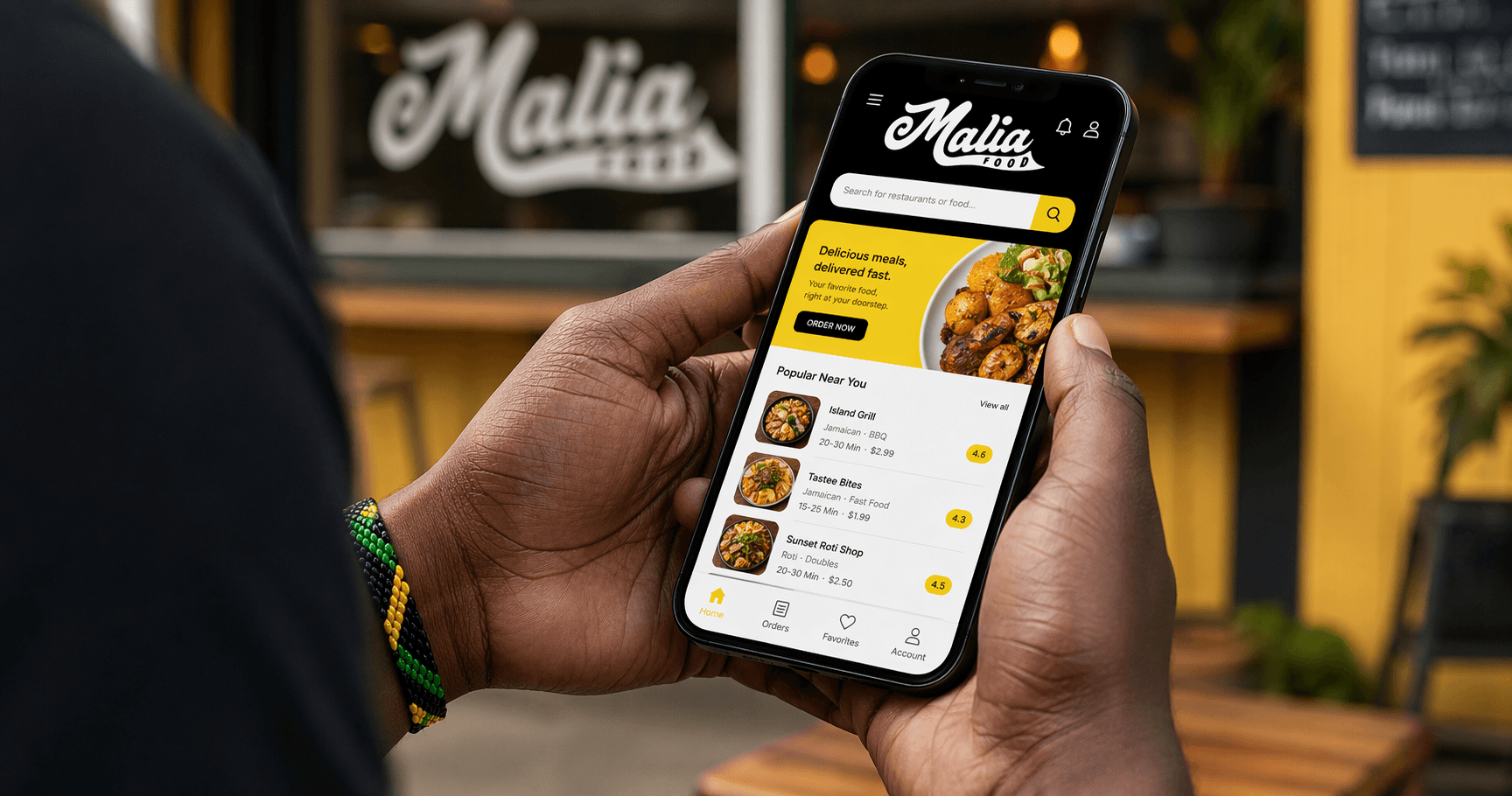 MaliaFood ordering app on a phone, held in front of a restaurant counter